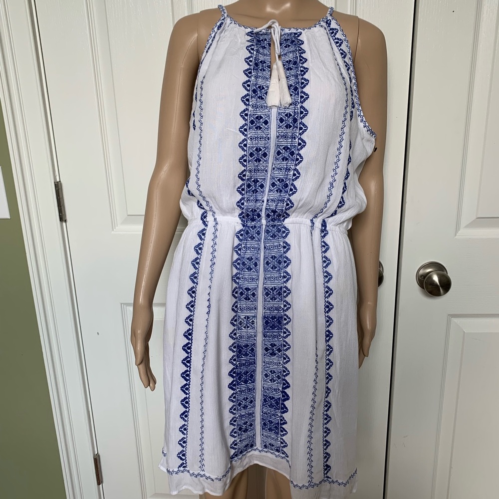 White cotton dress with blue embroidered detail